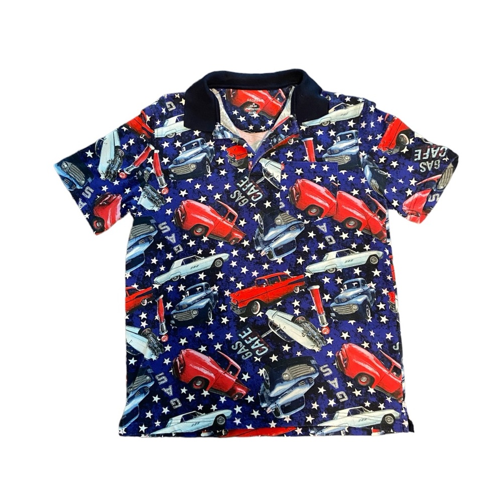 George Size Medium Men’s Polo Featuring Unique Vintage Car Pattern